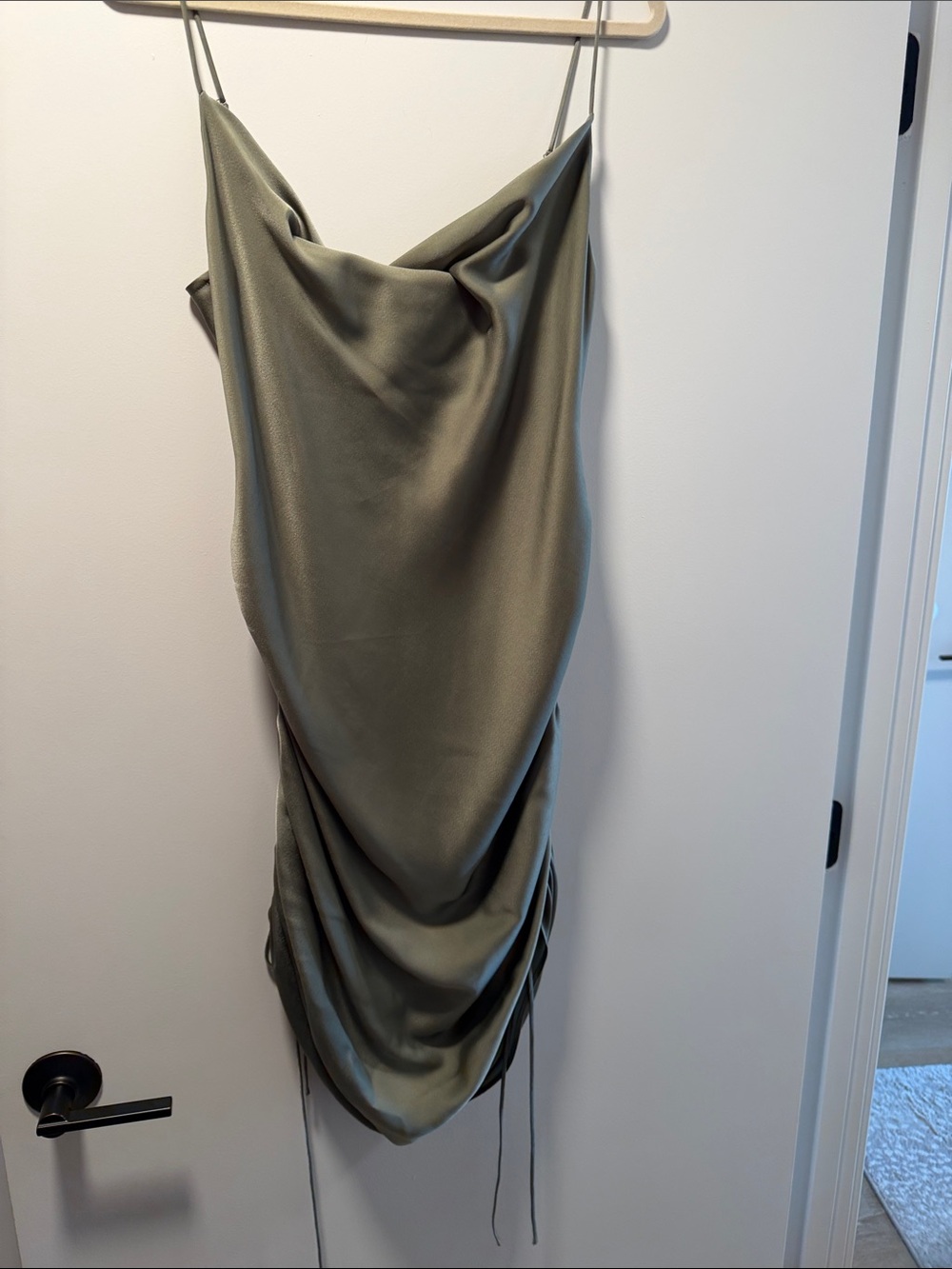 Satin Cowl Neck Slip Dress in Olive Green